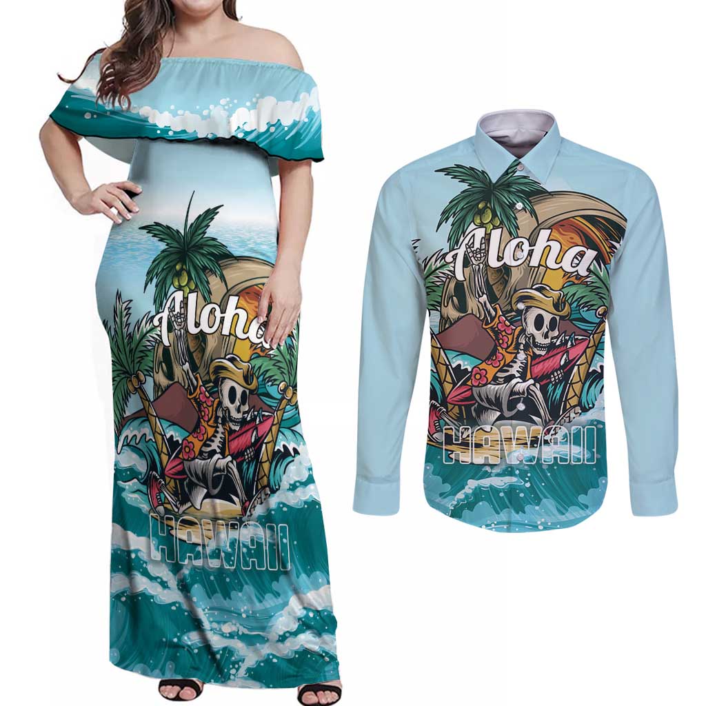 Personalized Aloha Hawaii Skeleton Couples Matching Off Shoulder Maxi Dress and Long Sleeve Button Shirt Tropical Summer Vibe