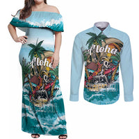 Personalized Aloha Hawaii Skeleton Couples Matching Off Shoulder Maxi Dress and Long Sleeve Button Shirt Tropical Summer Vibe LT01 Blue - Polynesian Pride