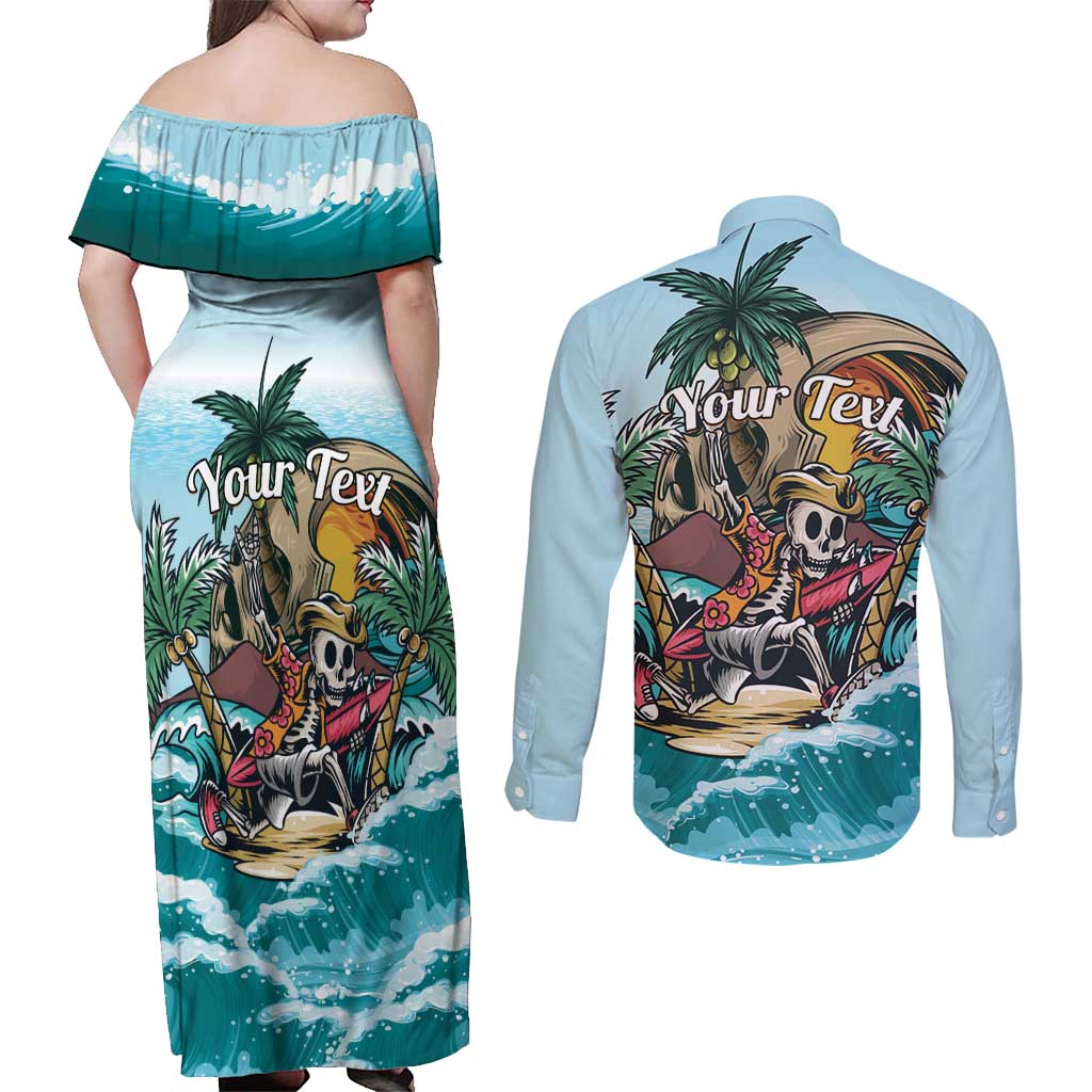 Personalized Aloha Hawaii Skeleton Couples Matching Off Shoulder Maxi Dress and Long Sleeve Button Shirt Tropical Summer Vibe LT01 - Polynesian Pride