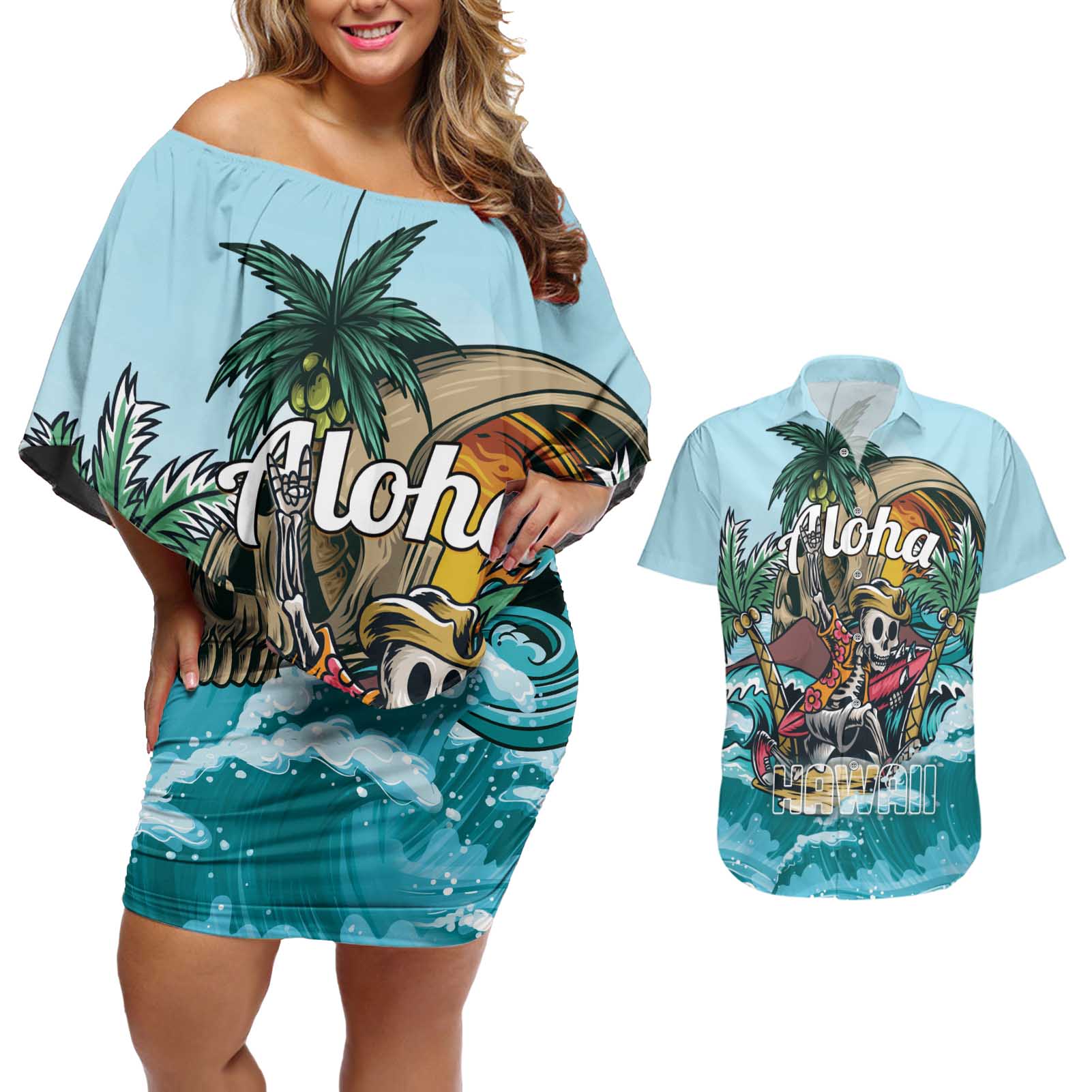 Personalized Aloha Hawaii Skeleton Couples Matching Off Shoulder Short Dress and Hawaiian Shirt Tropical Summer Vibe