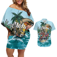 Personalized Aloha Hawaii Skeleton Couples Matching Off Shoulder Short Dress and Hawaiian Shirt Tropical Summer Vibe LT01 Blue - Polynesian Pride