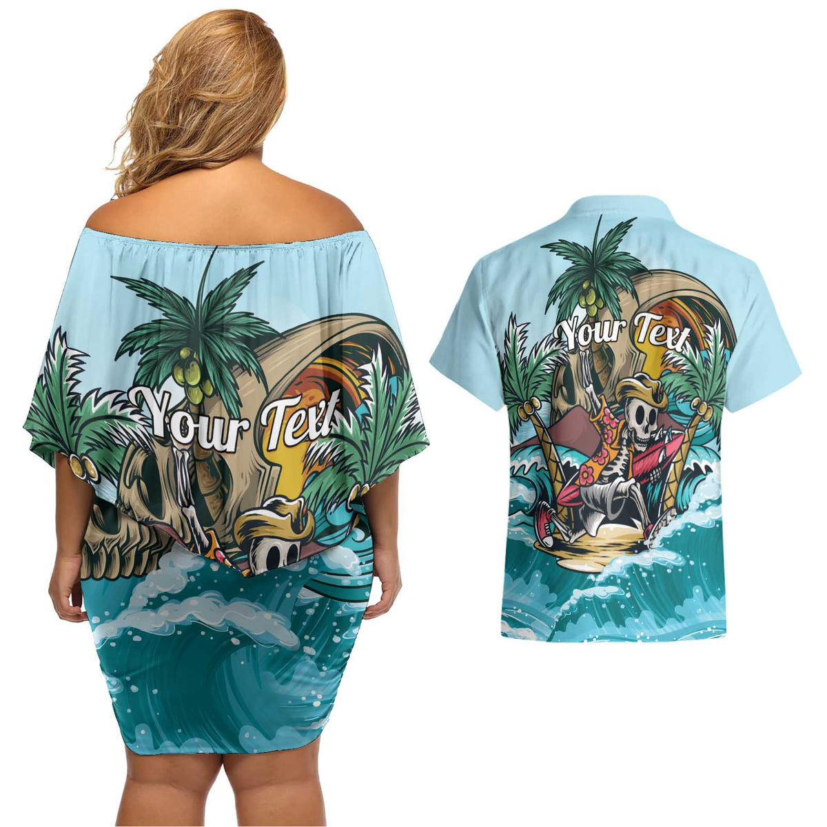 Personalized Aloha Hawaii Skeleton Couples Matching Off Shoulder Short Dress and Hawaiian Shirt Tropical Summer Vibe LT01 - Polynesian Pride
