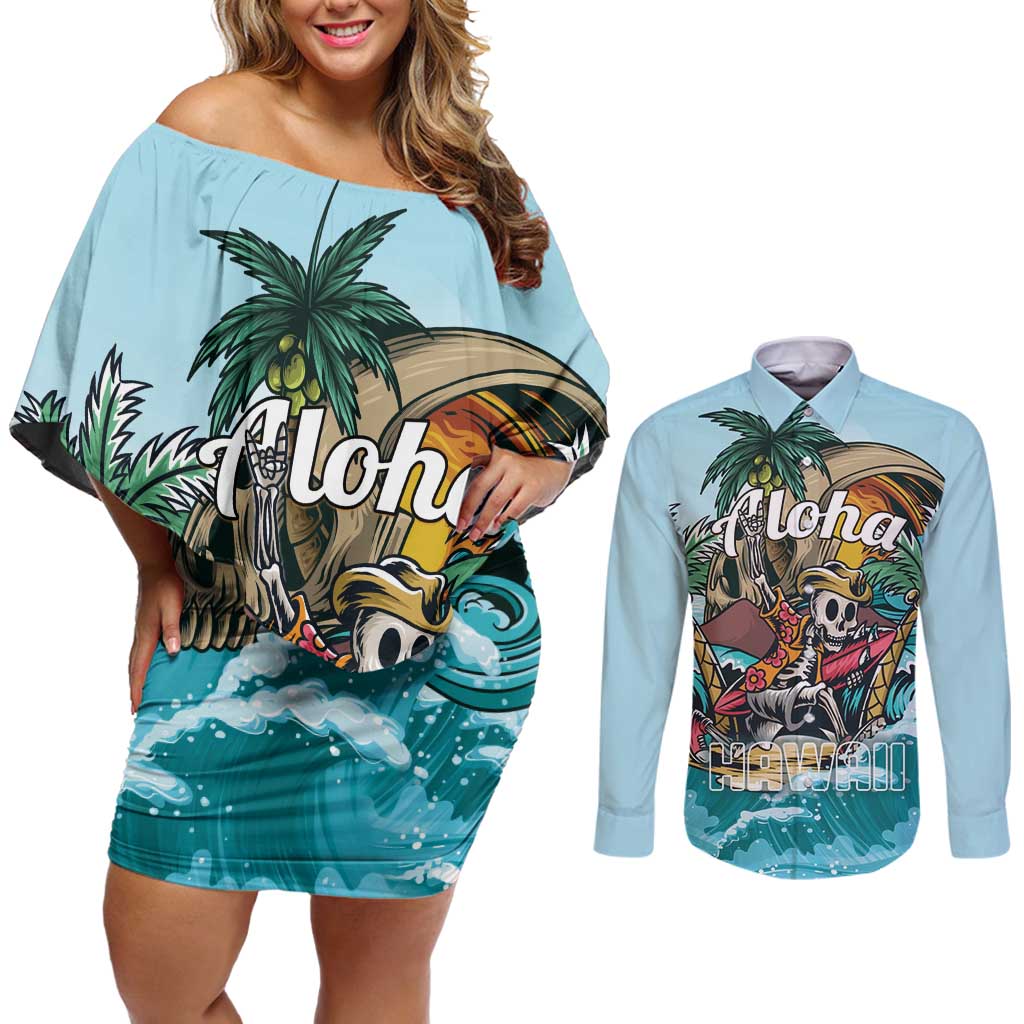 Personalized Aloha Hawaii Skeleton Couples Matching Off Shoulder Short Dress and Long Sleeve Button Shirt Tropical Summer Vibe