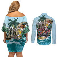Personalized Aloha Hawaii Skeleton Couples Matching Off Shoulder Short Dress and Long Sleeve Button Shirt Tropical Summer Vibe LT01 - Polynesian Pride