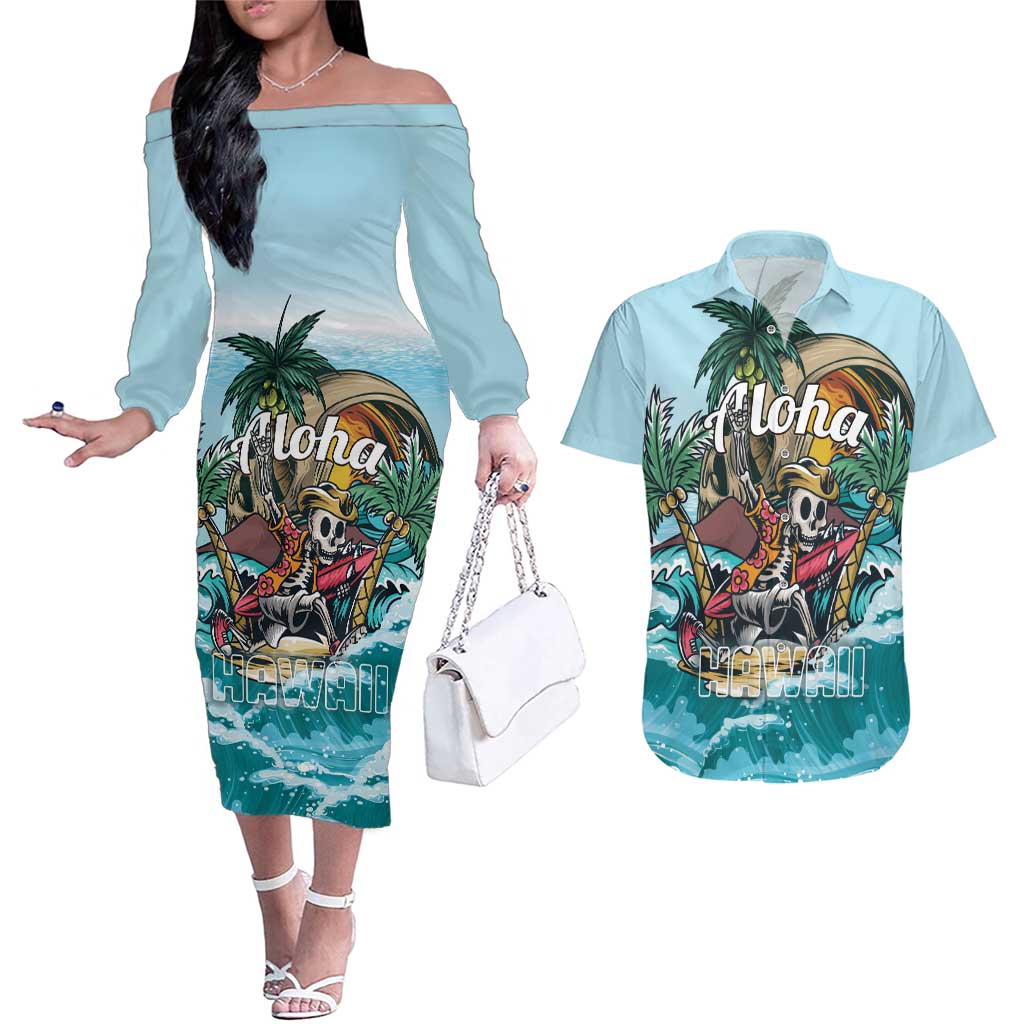 Personalized Aloha Hawaii Skeleton Couples Matching Off The Shoulder Long Sleeve Dress and Hawaiian Shirt Tropical Summer Vibe LT01 Blue - Polynesian Pride