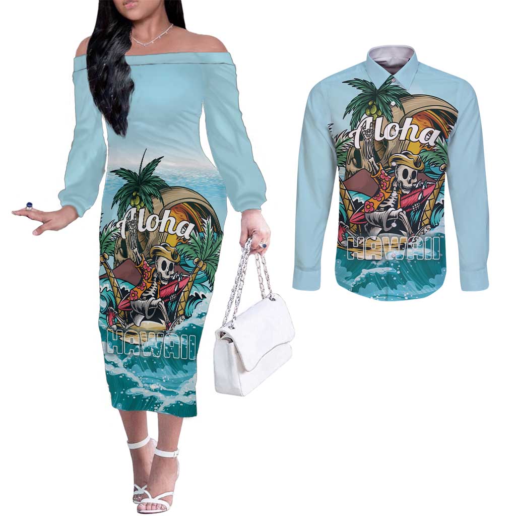 Personalized Aloha Hawaii Skeleton Couples Matching Off The Shoulder Long Sleeve Dress and Long Sleeve Button Shirt Tropical Summer Vibe LT01 Blue - Polynesian Pride