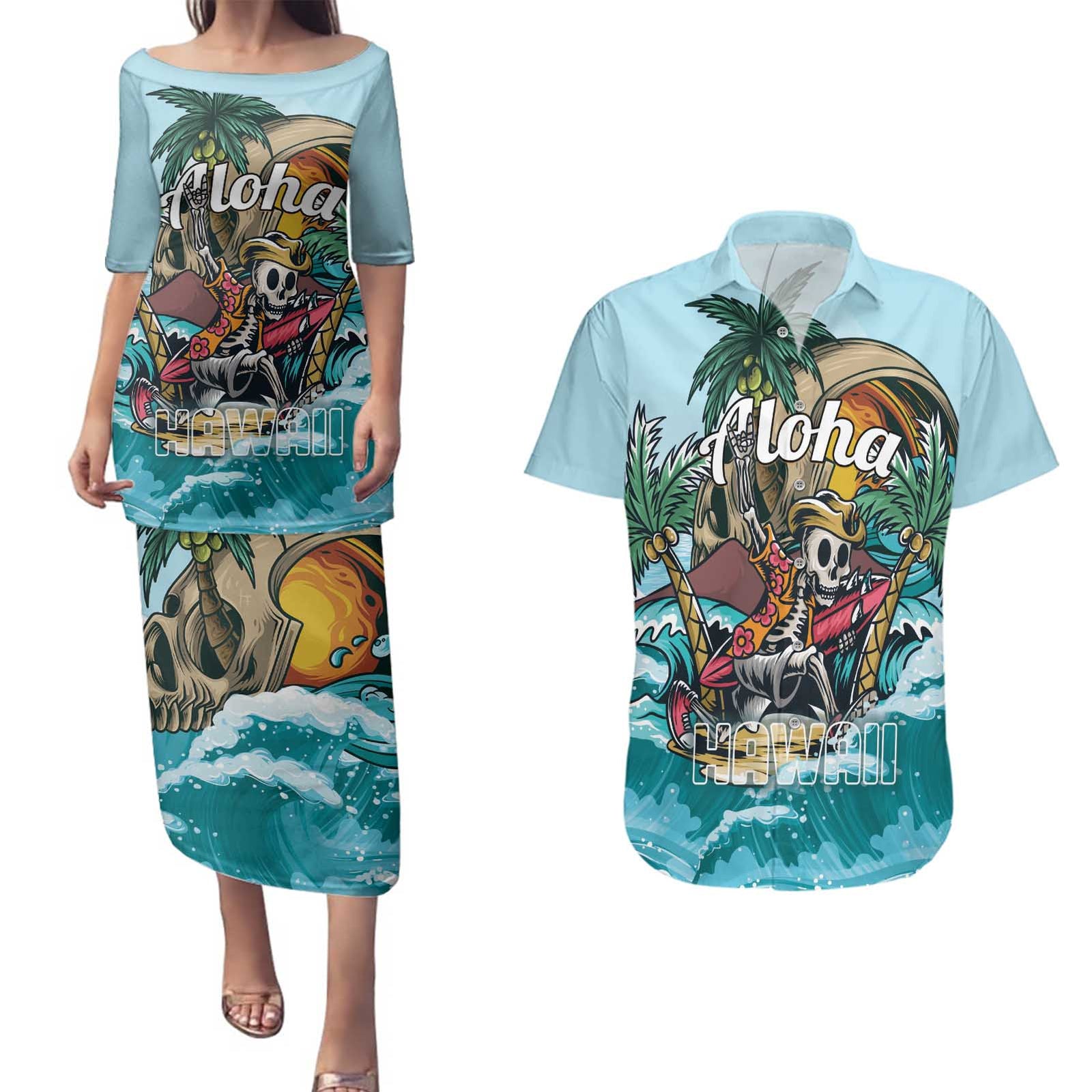 Personalized Aloha Hawaii Skeleton Couples Matching Puletasi and Hawaiian Shirt Tropical Summer Vibe LT01 Blue - Polynesian Pride