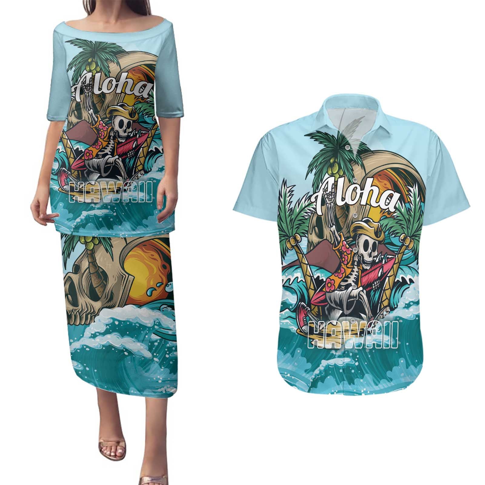 Personalized Aloha Hawaii Skeleton Couples Matching Puletasi and Hawaiian Shirt Tropical Summer Vibe