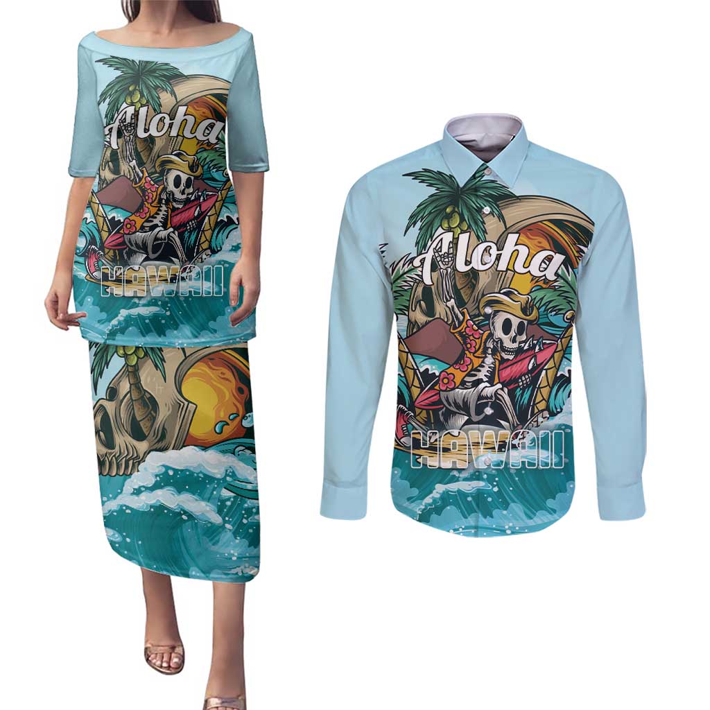 Personalized Aloha Hawaii Skeleton Couples Matching Puletasi and Long Sleeve Button Shirt Tropical Summer Vibe LT01 Blue - Polynesian Pride
