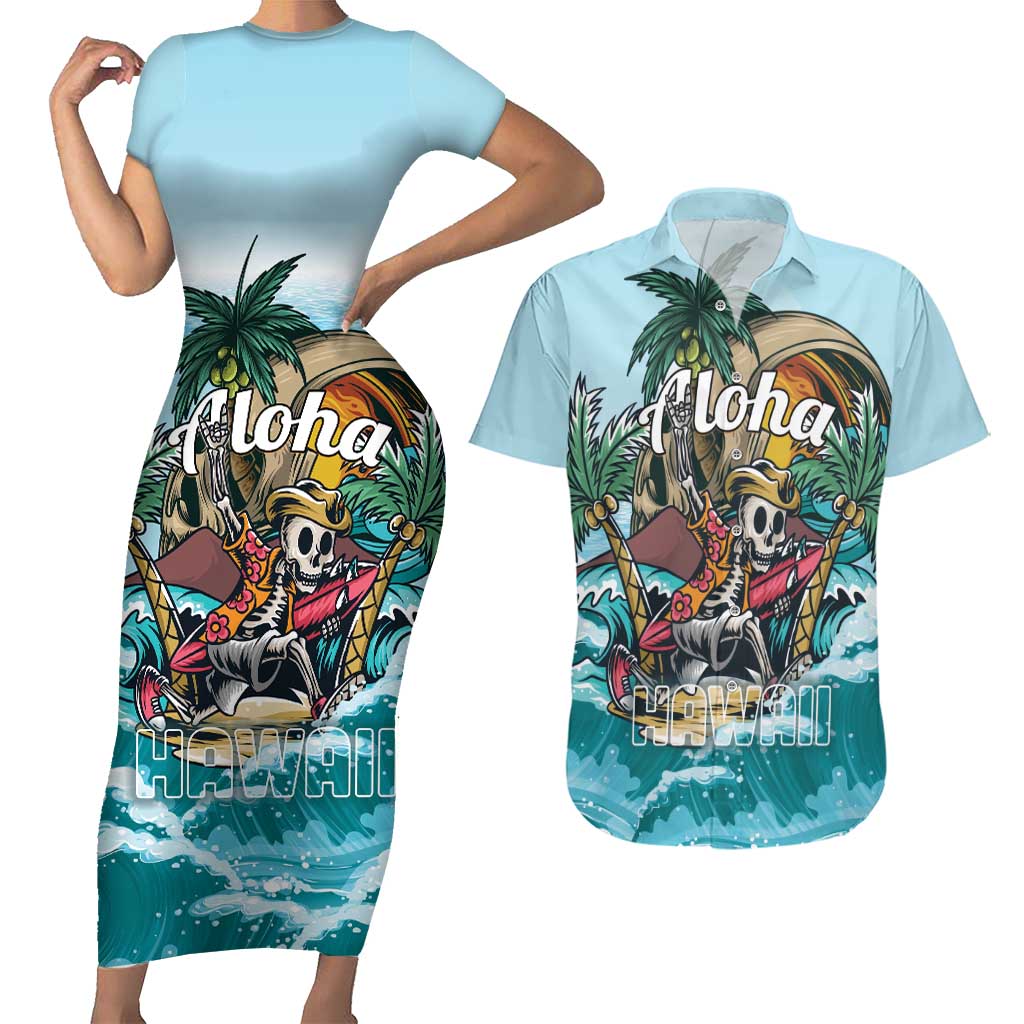 Personalized Aloha Hawaii Skeleton Couples Matching Short Sleeve Bodycon Dress and Hawaiian Shirt Tropical Summer Vibe