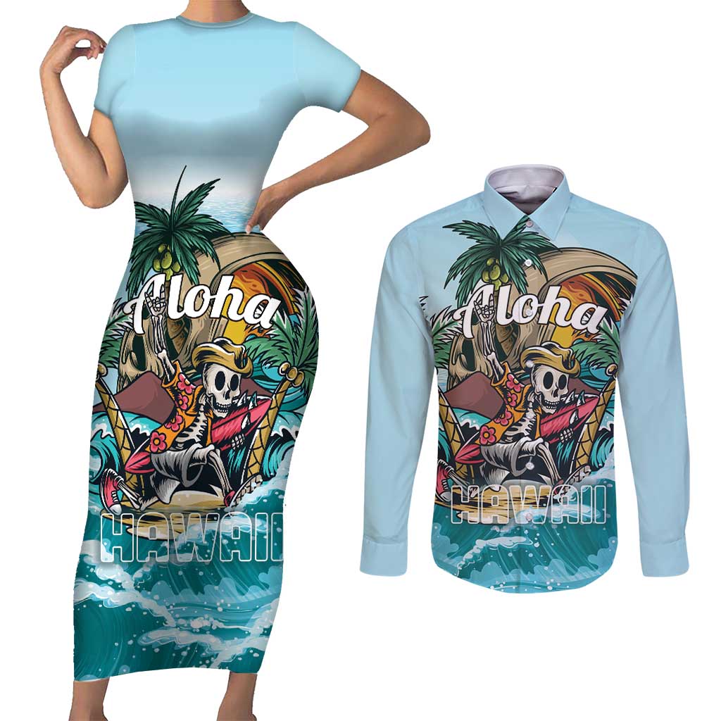 Personalized Aloha Hawaii Skeleton Couples Matching Short Sleeve Bodycon Dress and Long Sleeve Button Shirt Tropical Summer Vibe LT01 Blue - Polynesian Pride