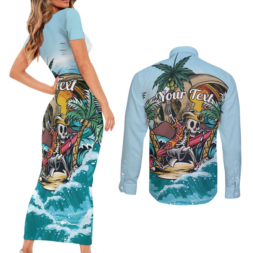 Personalized Aloha Hawaii Skeleton Couples Matching Short Sleeve Bodycon Dress and Long Sleeve Button Shirt Tropical Summer Vibe LT01 - Polynesian Pride