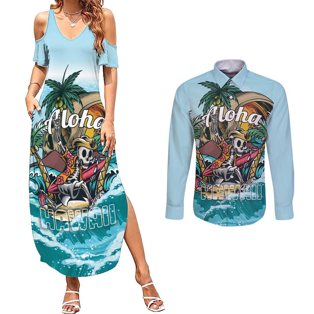 Personalized Aloha Hawaii Skeleton Couples Matching Summer Maxi Dress and Long Sleeve Button Shirt Tropical Summer Vibe LT01 Blue - Polynesian Pride