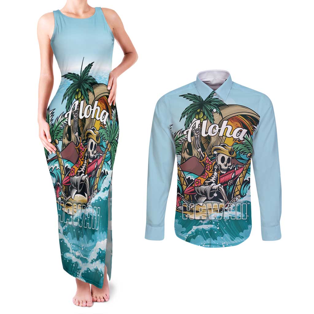 Personalized Aloha Hawaii Skeleton Couples Matching Tank Maxi Dress and Long Sleeve Button Shirt Tropical Summer Vibe LT01 Blue - Polynesian Pride