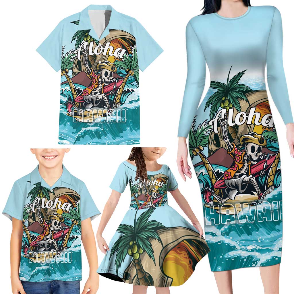 Personalized Aloha Hawaii Skeleton Family Matching Long Sleeve Bodycon Dress and Hawaiian Shirt Tropical Summer Vibe