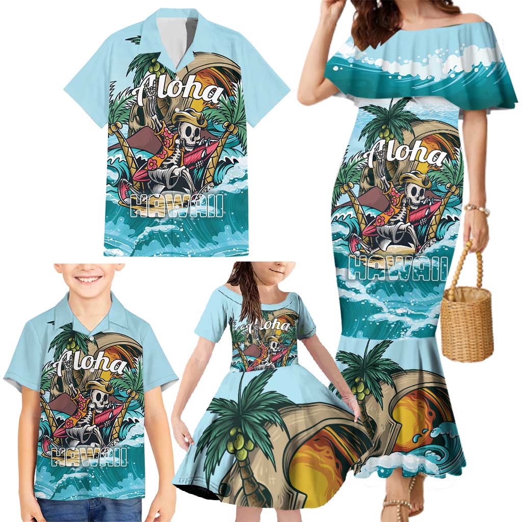 Personalized Aloha Hawaii Skeleton Family Matching Mermaid Dress and Hawaiian Shirt Tropical Summer Vibe