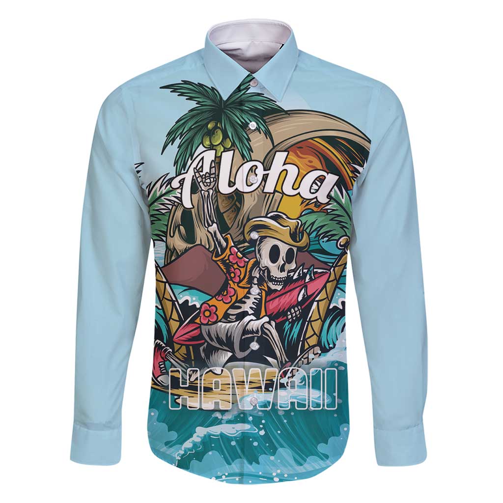 Personalized Aloha Hawaii Skeleton Family Matching Mermaid Dress and Hawaiian Shirt Tropical Summer Vibe LT01 Dad's Shirt - Long Sleeve Blue - Polynesian Pride