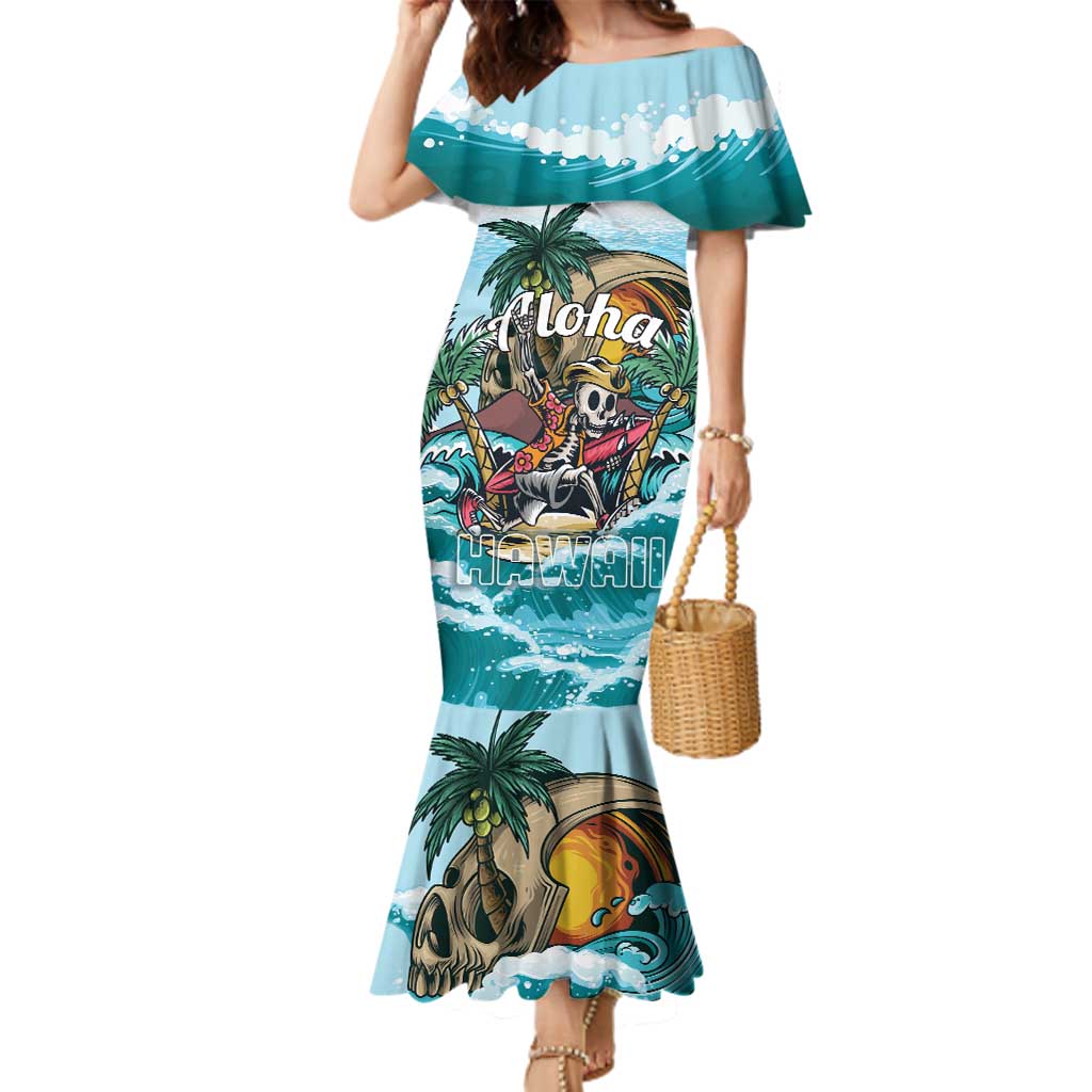 Personalized Aloha Hawaii Skeleton Family Matching Mermaid Dress and Hawaiian Shirt Tropical Summer Vibe LT01 Mom's Dress Blue - Polynesian Pride