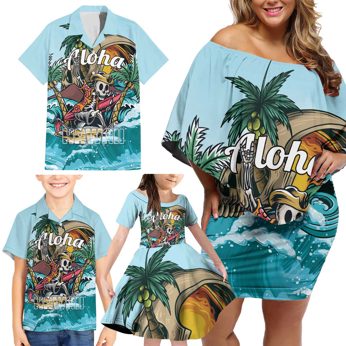 Personalized Aloha Hawaii Skeleton Family Matching Off Shoulder Short Dress and Hawaiian Shirt Tropical Summer Vibe