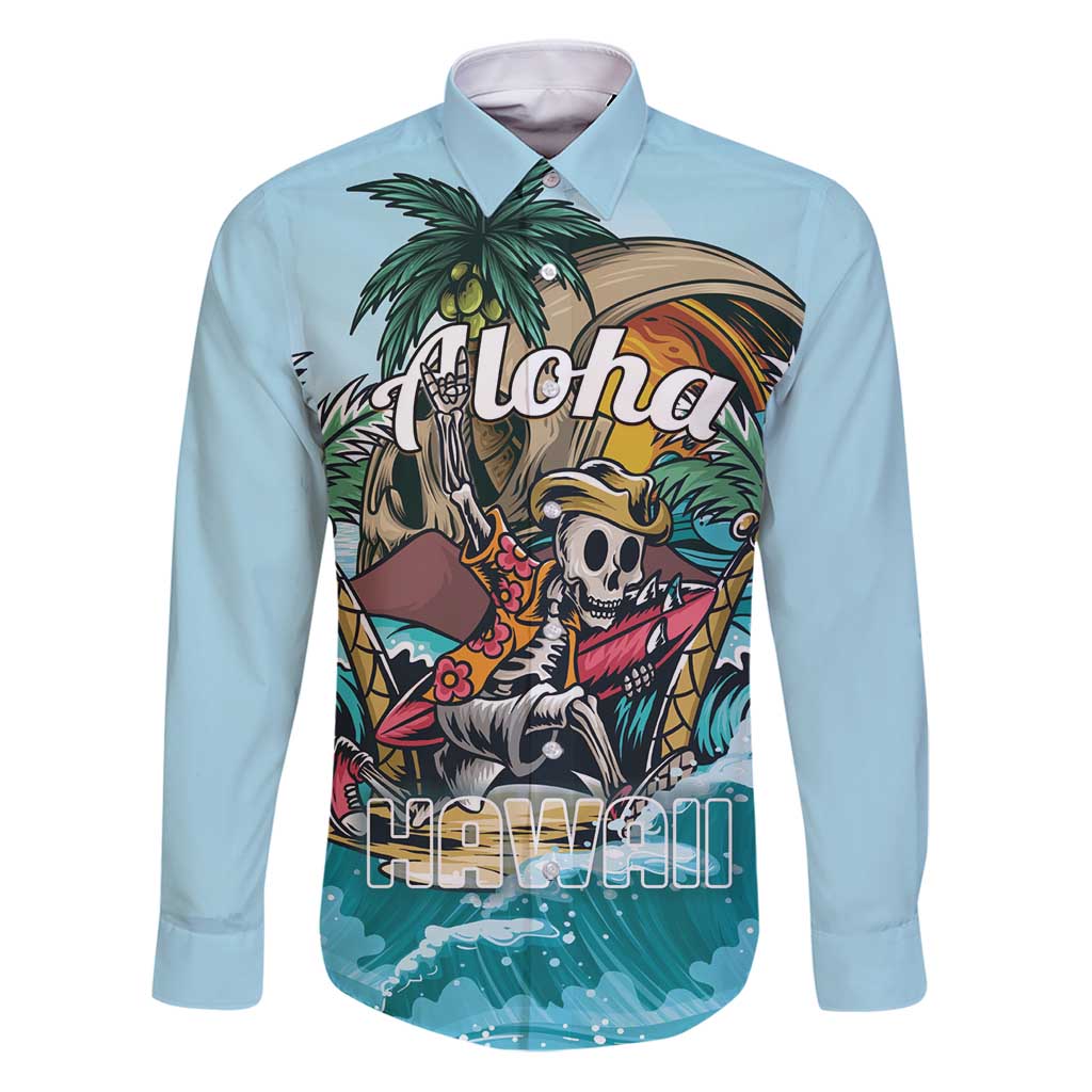 Personalized Aloha Hawaii Skeleton Family Matching Puletasi and Hawaiian Shirt Tropical Summer Vibe LT01 Dad's Shirt - Long Sleeve Blue - Polynesian Pride