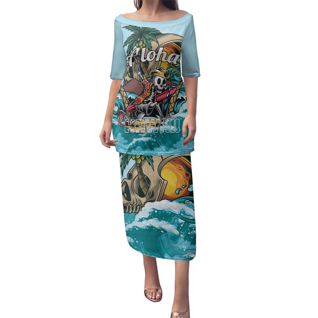Personalized Aloha Hawaii Skeleton Family Matching Puletasi and Hawaiian Shirt Tropical Summer Vibe LT01 Mom's Dress Blue - Polynesian Pride