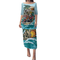 Personalized Aloha Hawaii Skeleton Family Matching Puletasi and Hawaiian Shirt Tropical Summer Vibe LT01 Mom's Dress Blue - Polynesian Pride