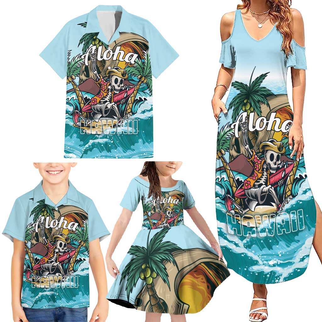 Personalized Aloha Hawaii Skeleton Family Matching Summer Maxi Dress and Hawaiian Shirt Tropical Summer Vibe