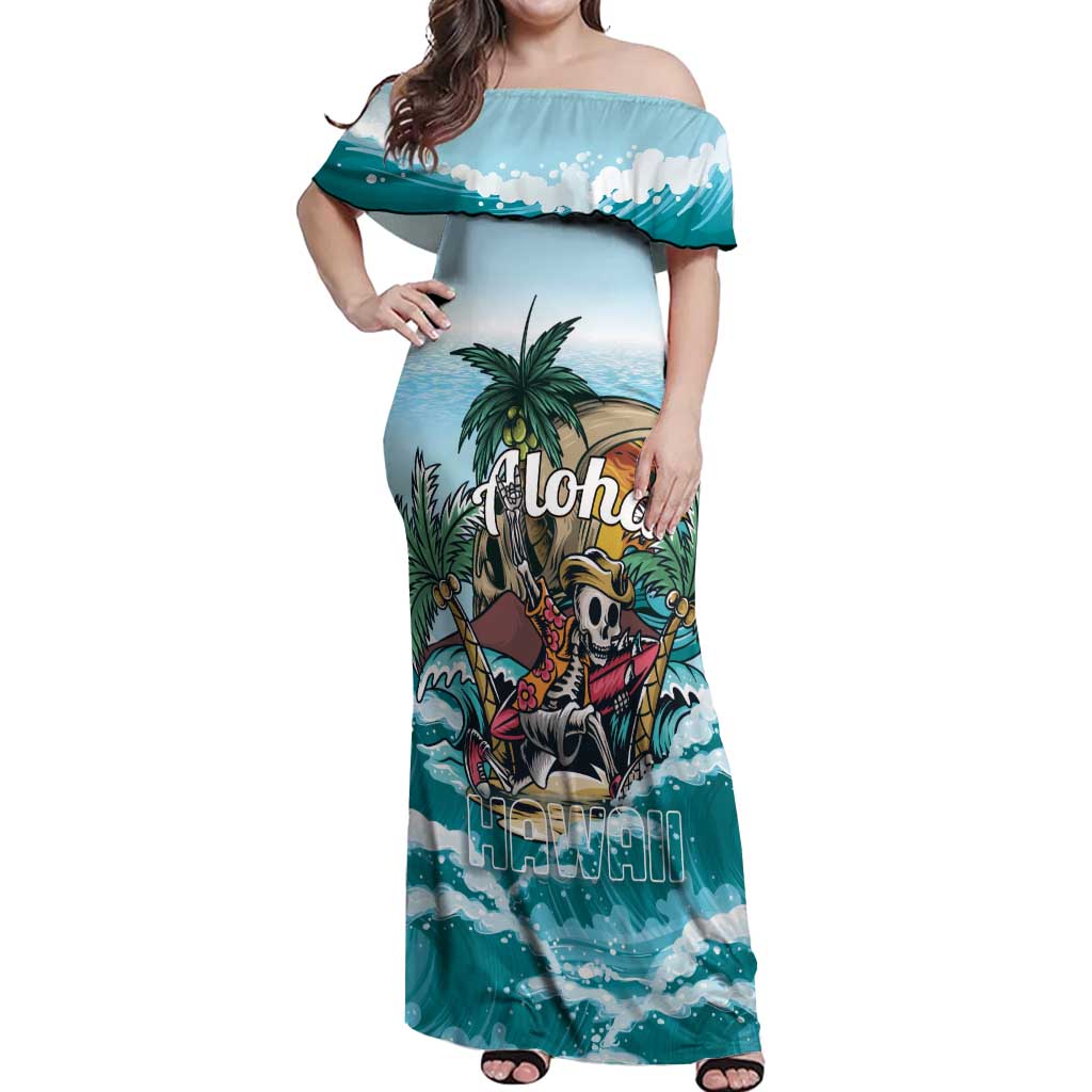 Personalized Aloha Hawaii Skeleton Off Shoulder Maxi Dress Tropical Summer Vibe LT01 Women Blue - Polynesian Pride