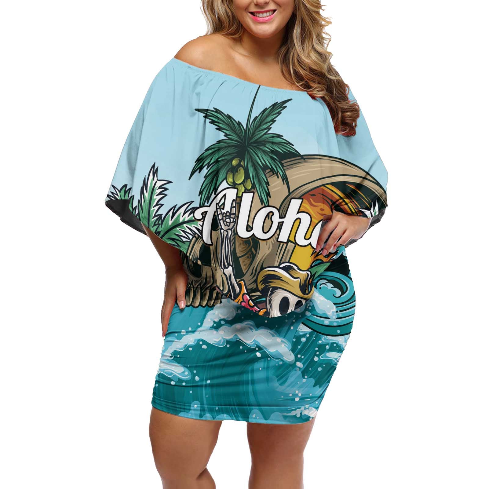 Personalized Aloha Hawaii Skeleton Off Shoulder Short Dress Tropical Summer Vibe