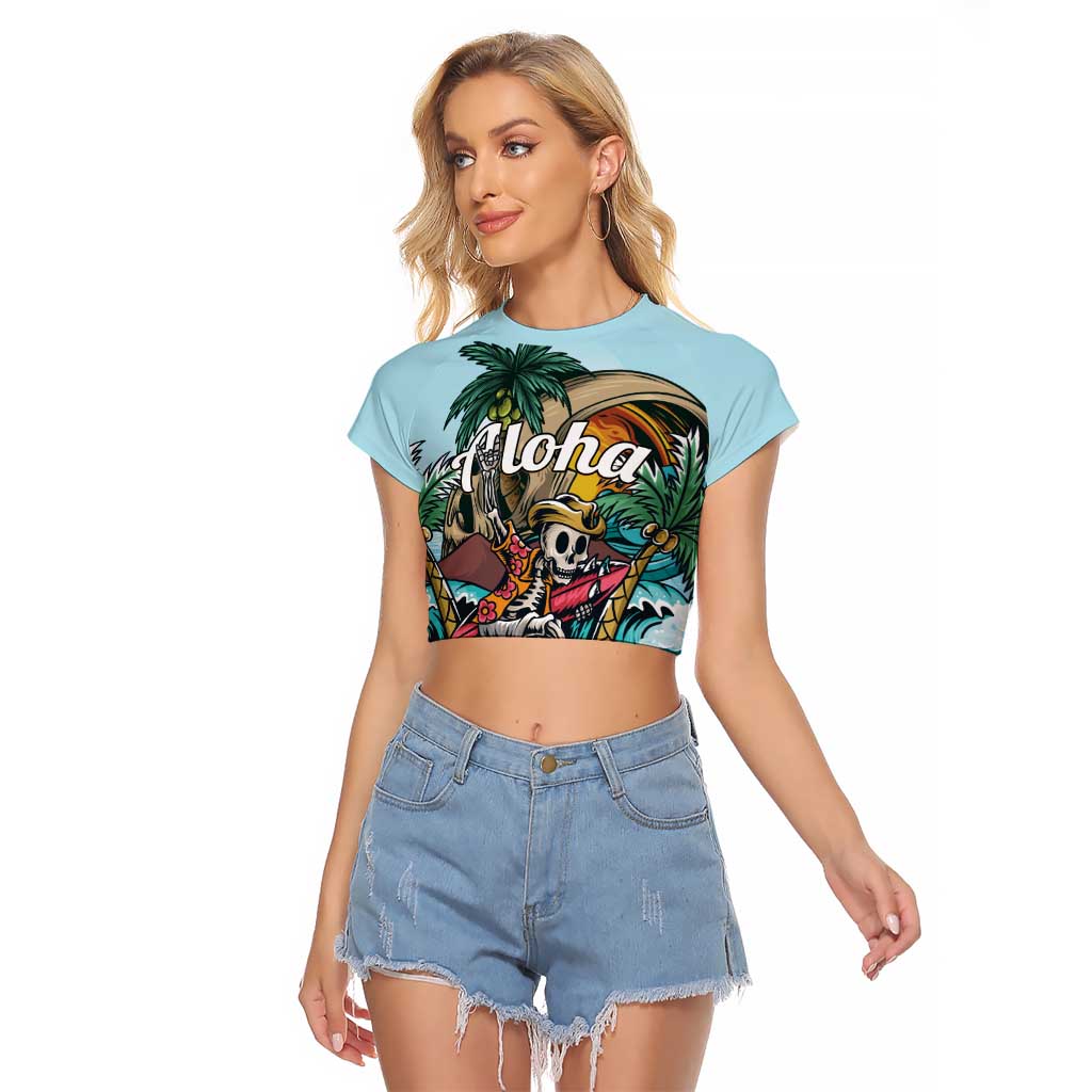 Personalized Aloha Hawaii Skeleton Raglan Cropped T Shirt Tropical Summer Vibe LT01 Female Blue - Polynesian Pride