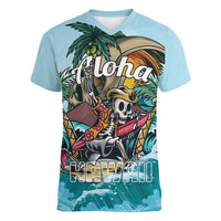 Personalized Aloha Hawaii Skeleton Women V-Neck T-Shirt Tropical Summer Vibe LT01 Female Blue - Polynesian Pride