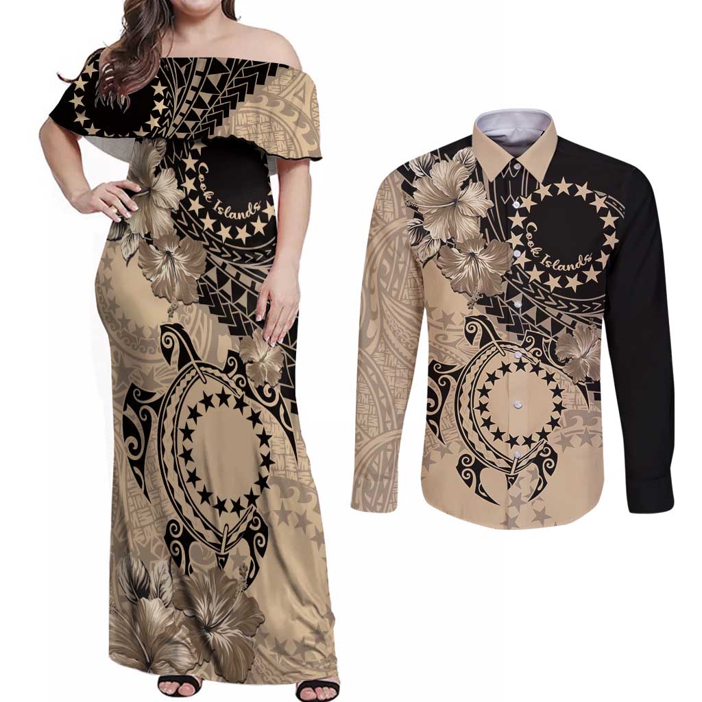 Cook Islands Turtle Couples Matching Off Shoulder Maxi Dress and Long Sleeve Button Shirt Stars and Hibiscus - Beige LT01 Beige - Polynesian Pride