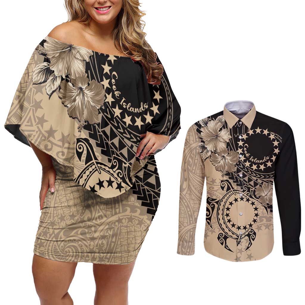 Cook Islands Turtle Couples Matching Off Shoulder Short Dress and Long Sleeve Button Shirt Stars and Hibiscus - Beige LT01 Beige - Polynesian Pride