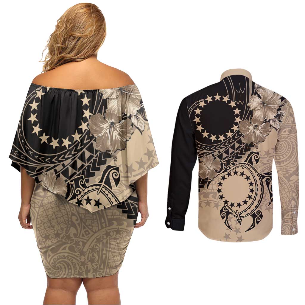 Cook Islands Turtle Couples Matching Off Shoulder Short Dress and Long Sleeve Button Shirt Stars and Hibiscus - Beige LT01 - Polynesian Pride