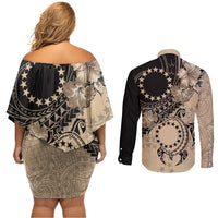 Cook Islands Turtle Couples Matching Off Shoulder Short Dress and Long Sleeve Button Shirt Stars and Hibiscus - Beige LT01 - Polynesian Pride