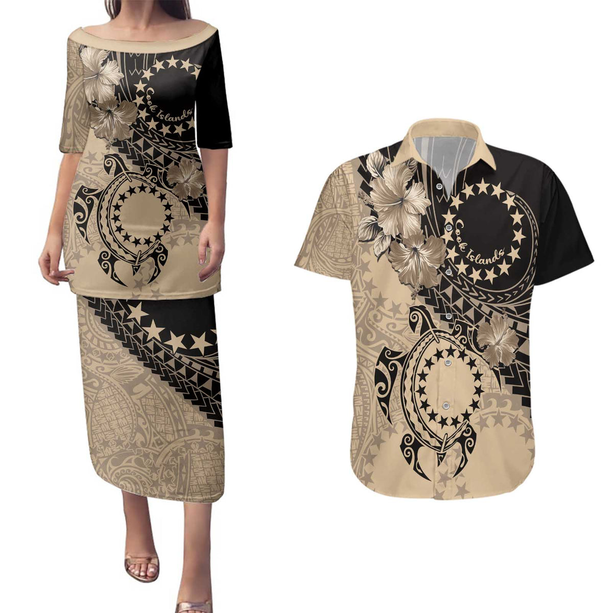 Cook Islands Turtle Couples Matching Puletasi and Hawaiian Shirt Stars and Hibiscus - Beige LT01 Beige - Polynesian Pride