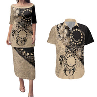 Cook Islands Turtle Couples Matching Puletasi and Hawaiian Shirt Stars and Hibiscus - Beige LT01 Beige - Polynesian Pride