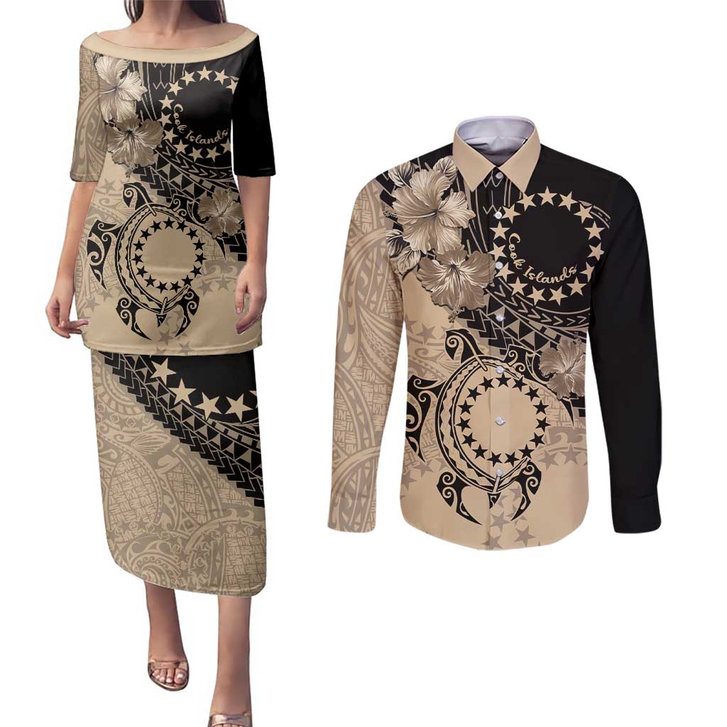 Cook Islands Turtle Couples Matching Puletasi and Long Sleeve Button Shirt Stars and Hibiscus - Beige LT01 Beige - Polynesian Pride