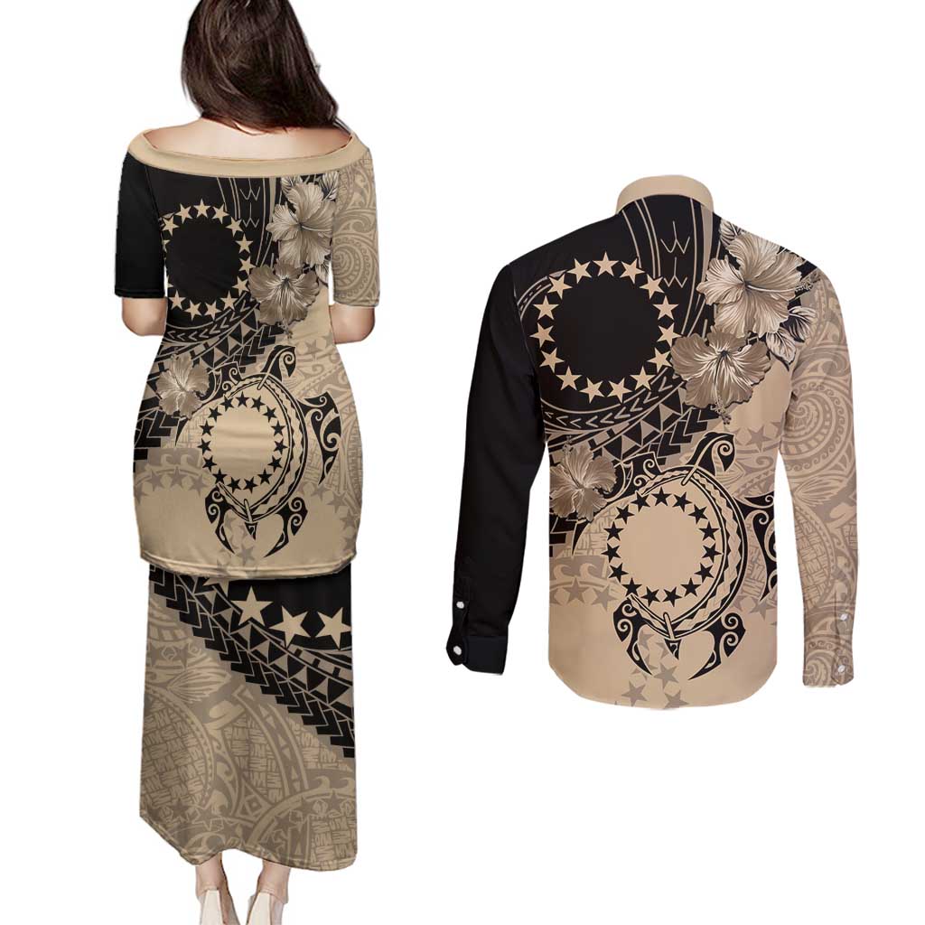 Cook Islands Turtle Couples Matching Puletasi and Long Sleeve Button Shirt Stars and Hibiscus - Beige LT01 - Polynesian Pride