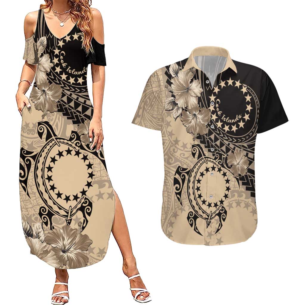 Cook Islands Turtle Couples Matching Summer Maxi Dress and Hawaiian Shirt Stars and Hibiscus - Beige LT01 Beige - Polynesian Pride