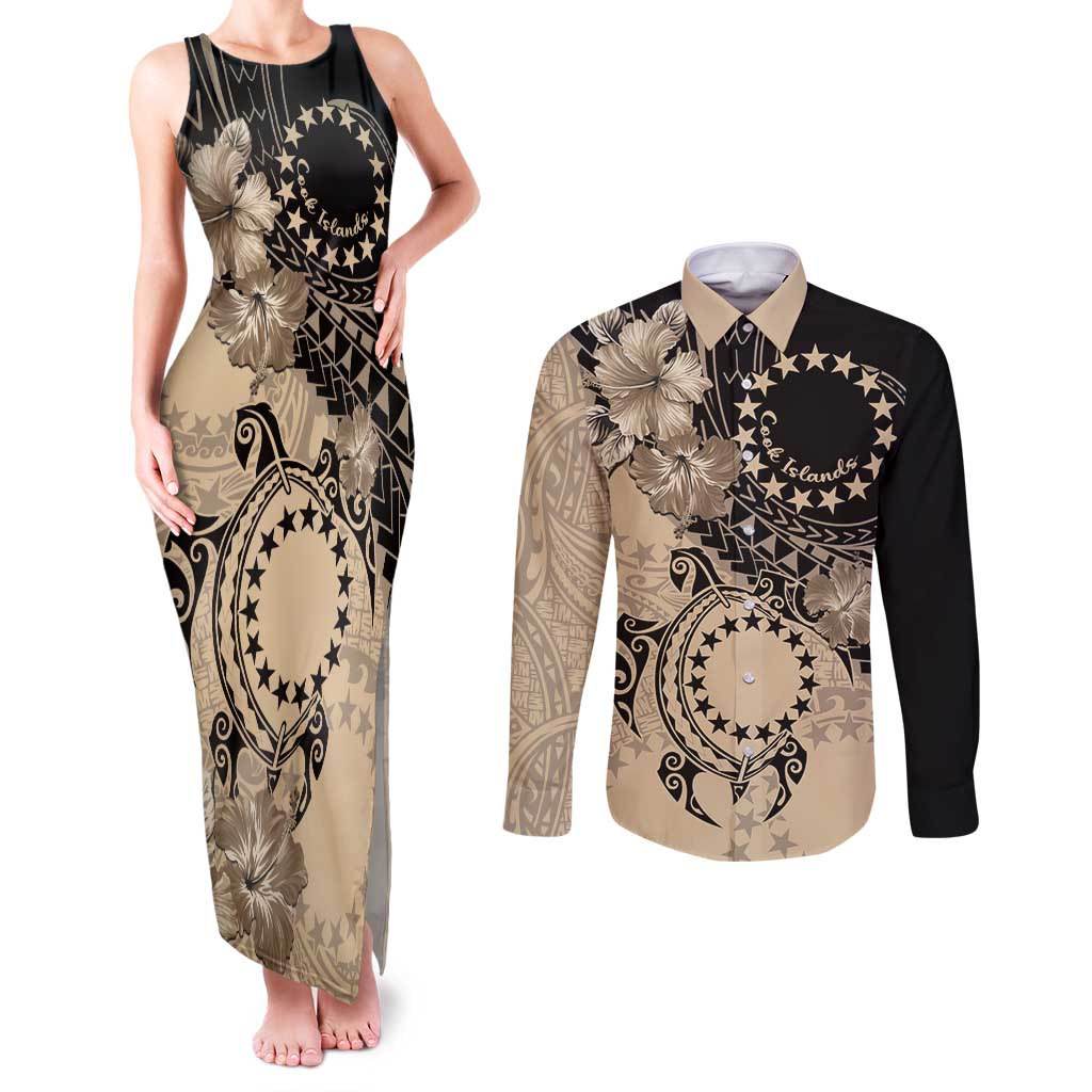 Cook Islands Turtle Couples Matching Tank Maxi Dress and Long Sleeve Button Shirt Stars and Hibiscus - Beige LT01 Beige - Polynesian Pride