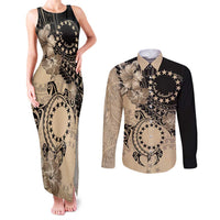 Cook Islands Turtle Couples Matching Tank Maxi Dress and Long Sleeve Button Shirt Stars and Hibiscus - Beige LT01 Beige - Polynesian Pride