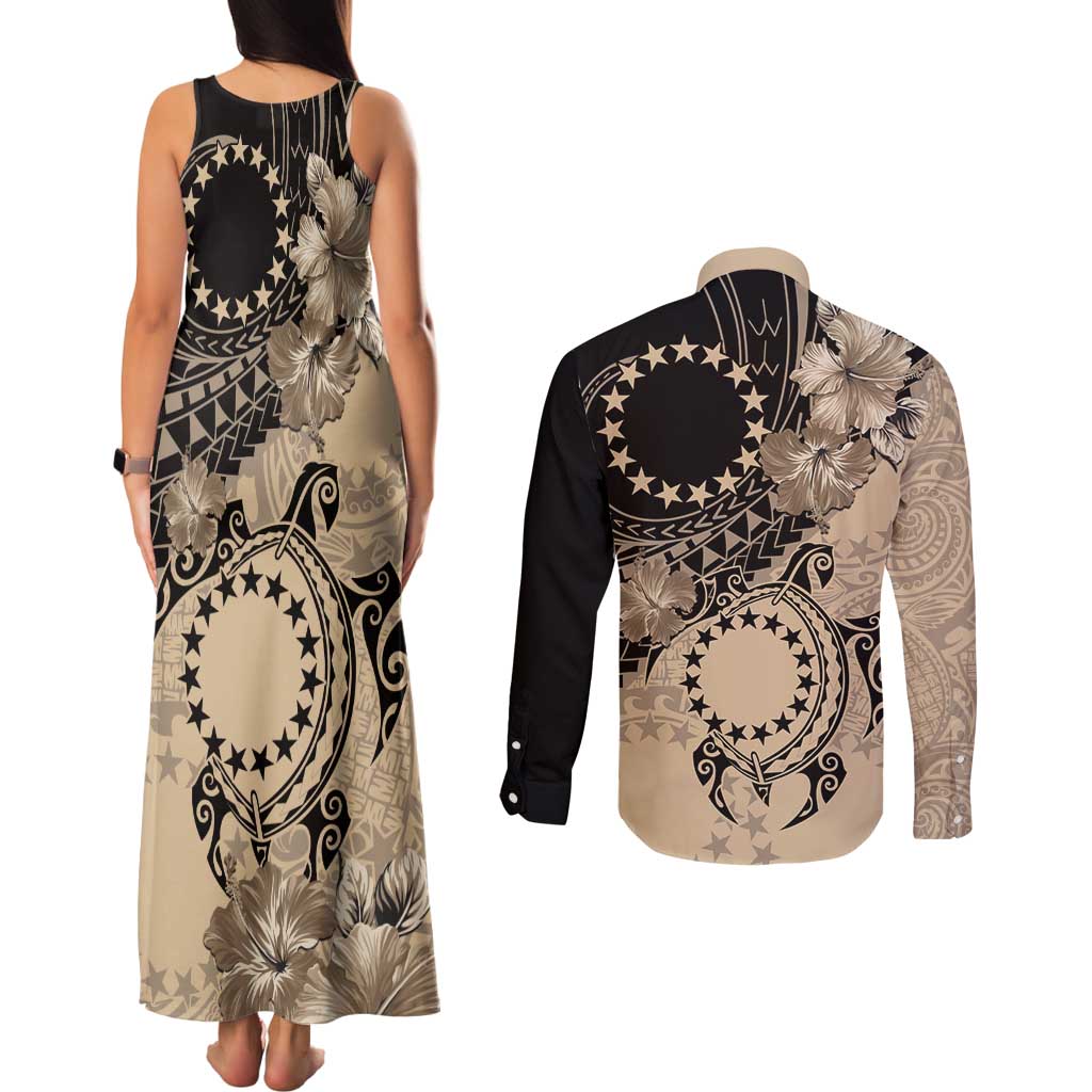 Cook Islands Turtle Couples Matching Tank Maxi Dress and Long Sleeve Button Shirt Stars and Hibiscus - Beige LT01 - Polynesian Pride