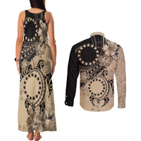 Cook Islands Turtle Couples Matching Tank Maxi Dress and Long Sleeve Button Shirt Stars and Hibiscus - Beige LT01 - Polynesian Pride