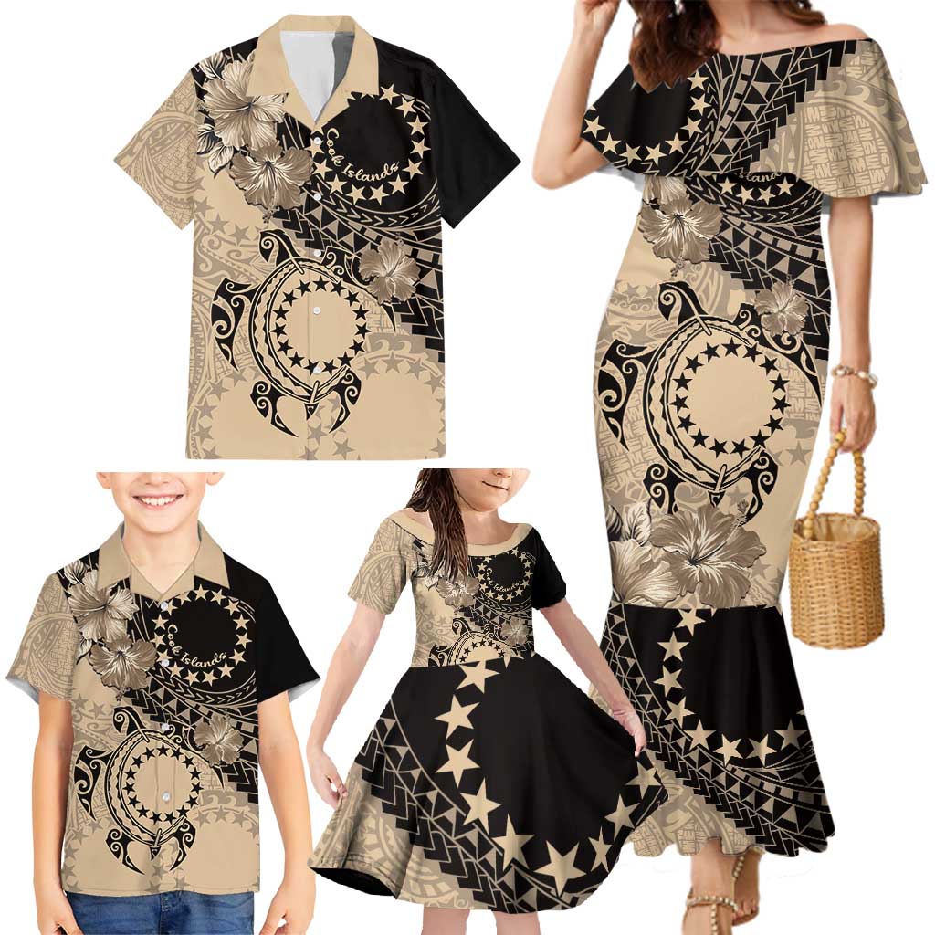 Cook Islands Turtle Family Matching Mermaid Dress and Hawaiian Shirt Stars and Hibiscus - Beige