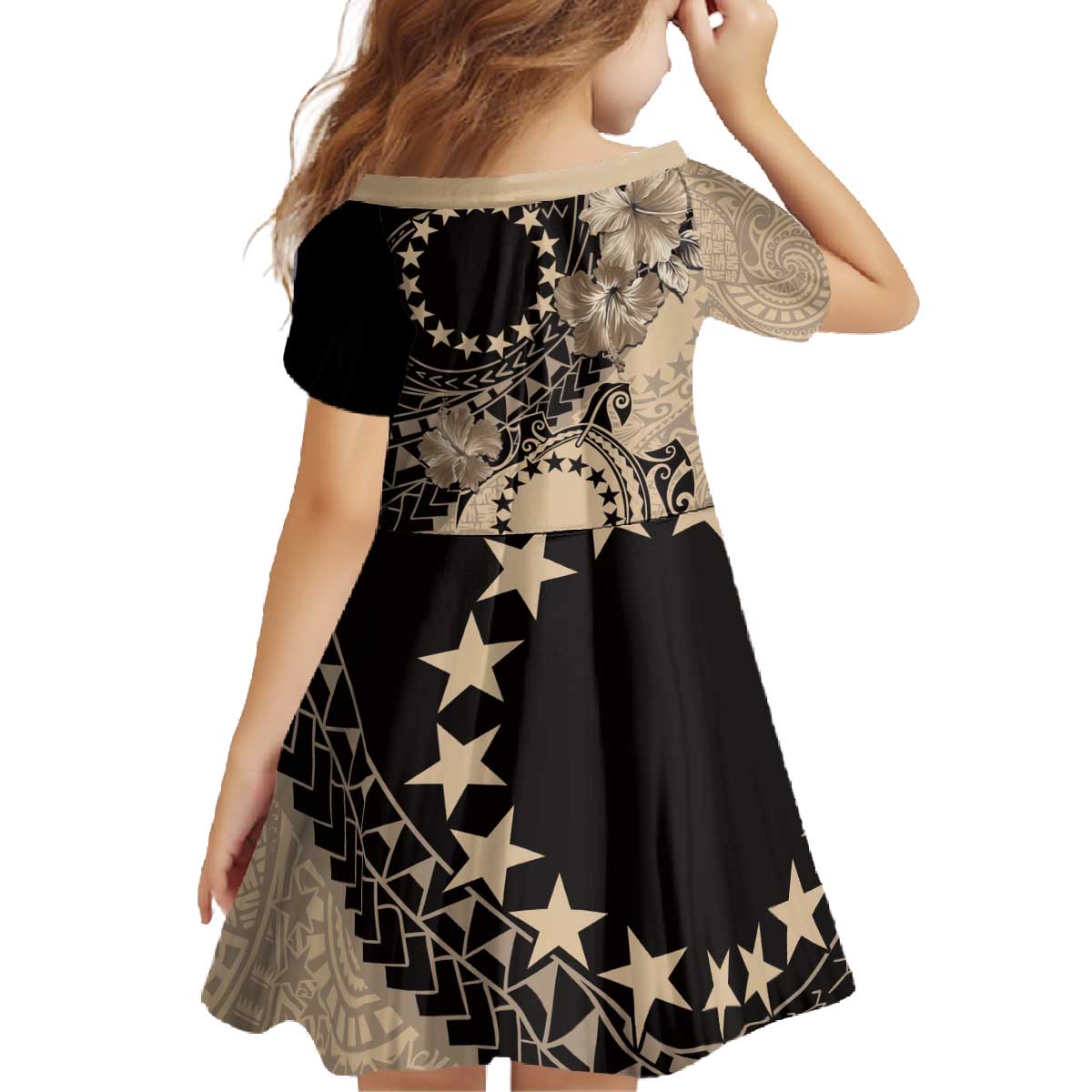 Cook Islands Turtle Family Matching Off The Shoulder Long Sleeve Dress and Hawaiian Shirt Stars and Hibiscus - Beige