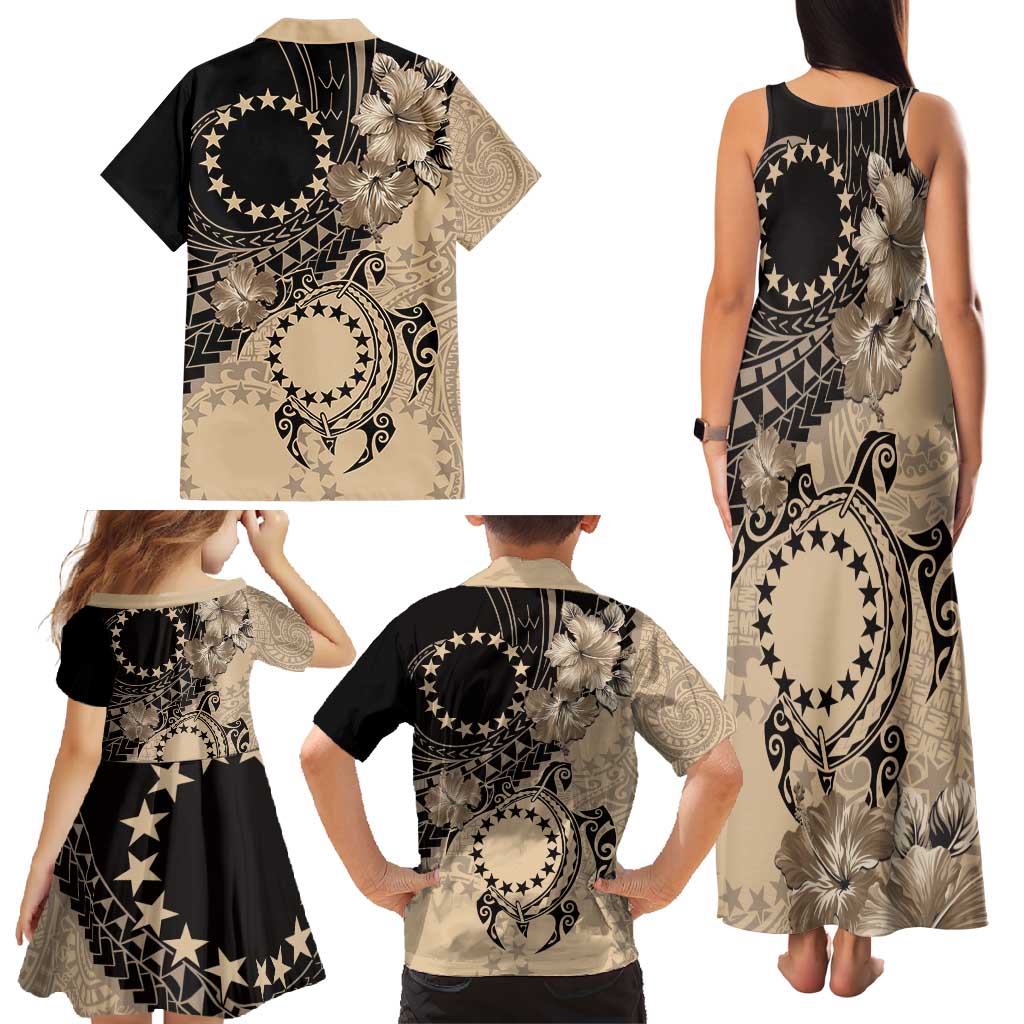 Cook Islands Turtle Family Matching Tank Maxi Dress and Hawaiian Shirt Stars and Hibiscus - Beige