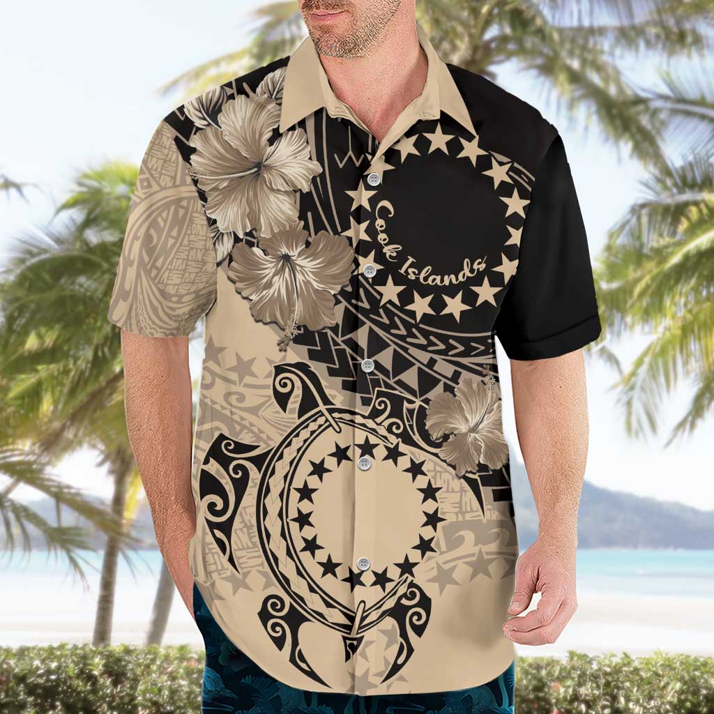 Cook Islands Turtle Hawaiian Shirt Stars and Hibiscus - Beige LT01 - Polynesian Pride