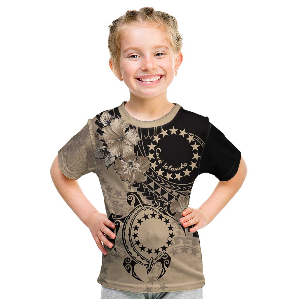 Cook Islands Turtle Kid T Shirt Stars and Hibiscus - Beige