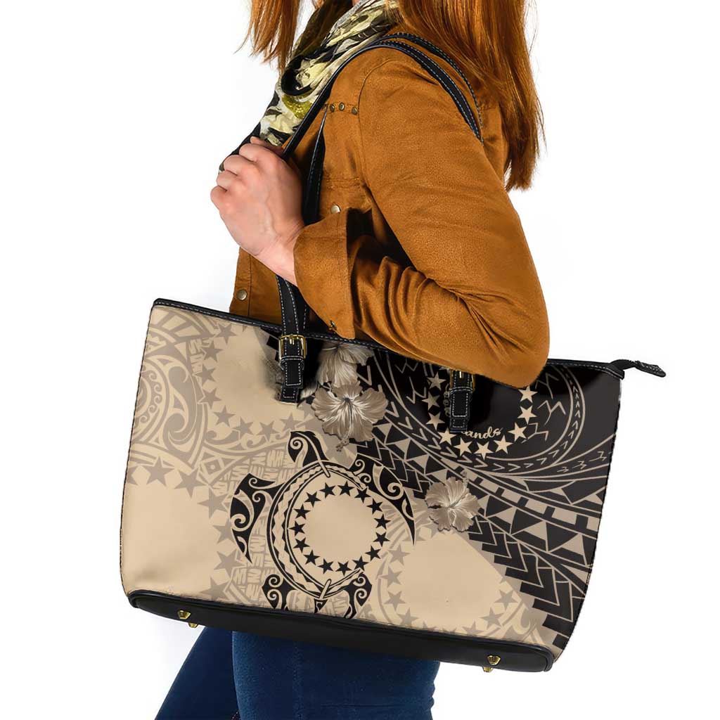 Cook Islands Turtle Leather Tote Bag Stars and Hibiscus - Beige